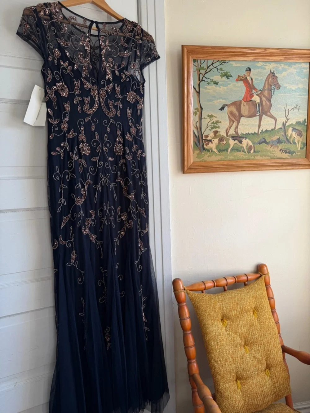 NWT Adrianna Papell Beaded Mesh Godet Navy Rose Gold Long Formal Gown Size 4